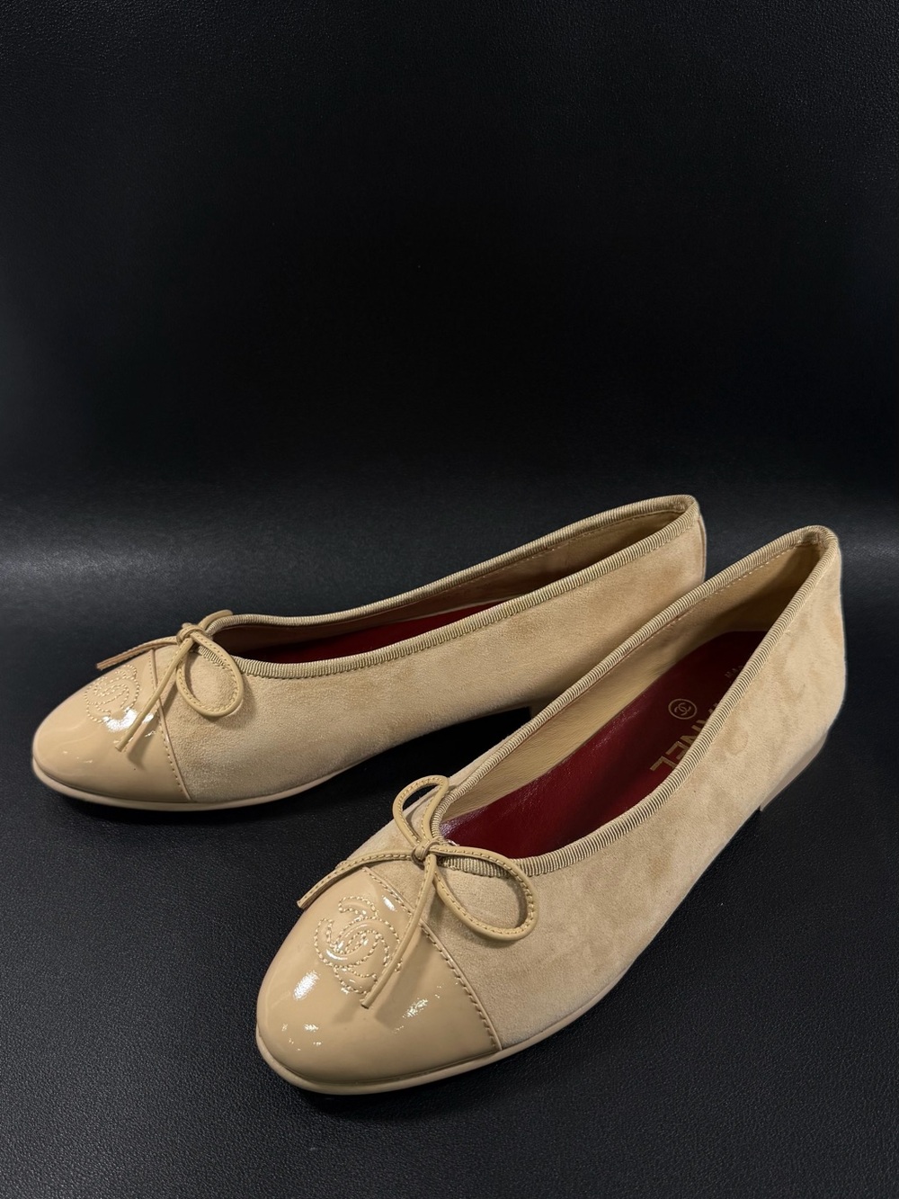 CHANEL Beige Patent Toe Bow Ballet Flats
